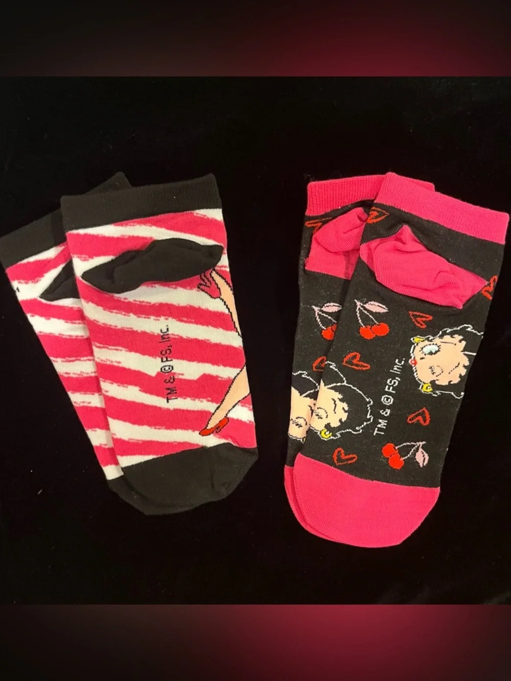 Betty Boop Low Cut Ankle Socks TWO PAIRS Character Prints Pink Black NWOT